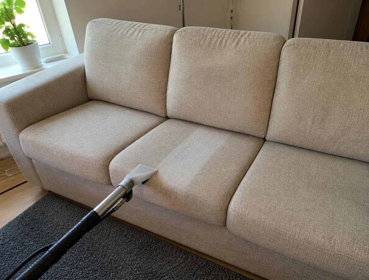 Rens av grå stoffsofa utført av Renova Rens